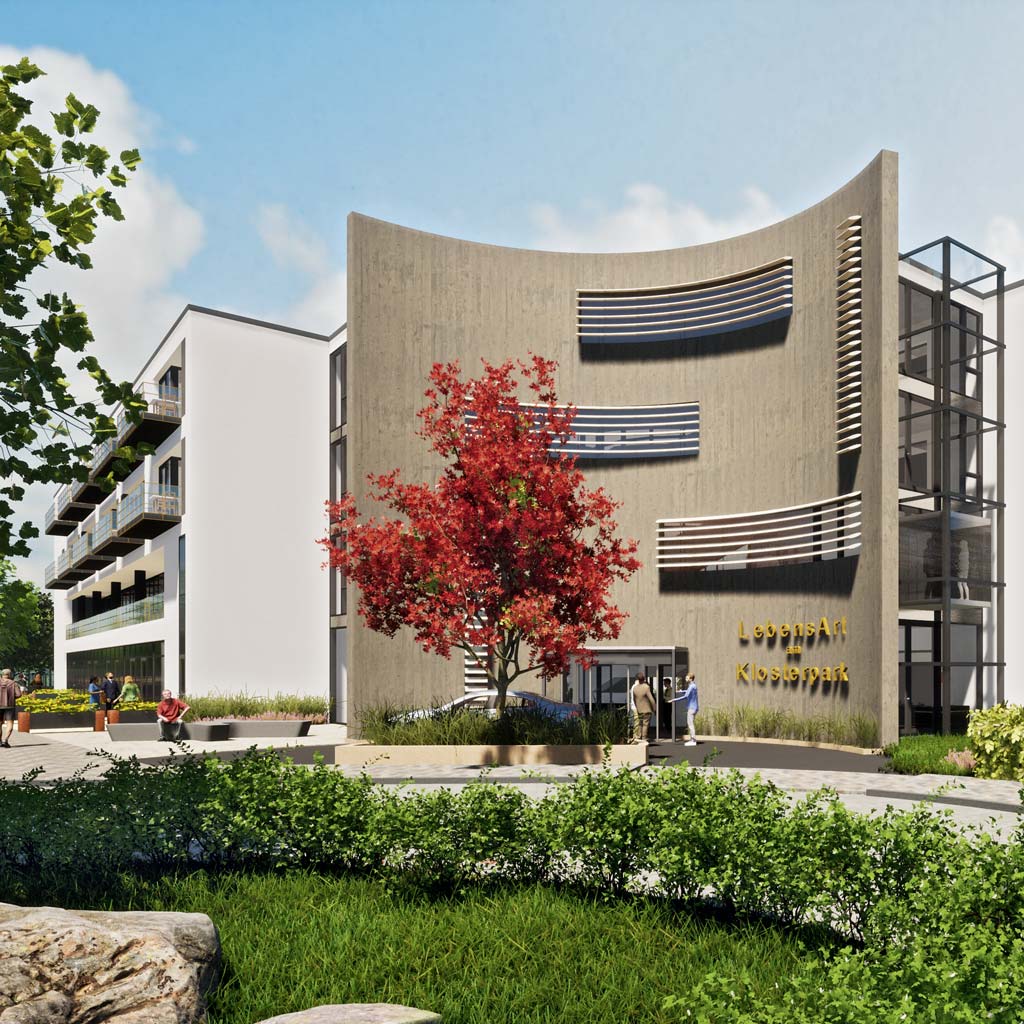 Visualisierung: Eingangsbereich der LebensArt am Klosterpark in Göttingen-Weende mit konkaver Fassade