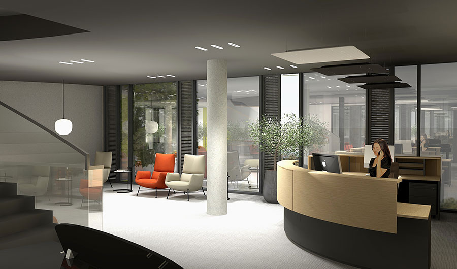 Visualisierung: Foyer mit Empfang und Conciergeservice