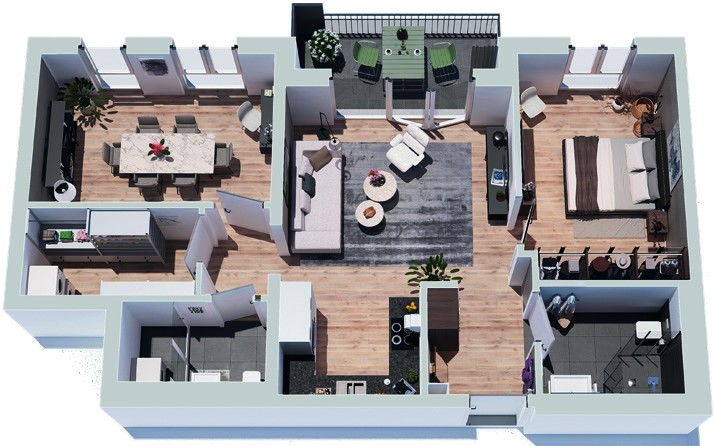 3D-Möblierungsbeispiel einer 112-m²-Wohnung