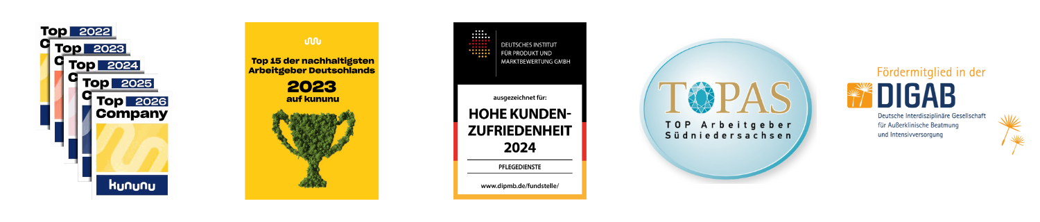 Auszeichnungen EmmaCura: kununu Top Company 2022 bis 2026, kununu Nachhaltigkeit, Hohe Kundenzufriedenheit, TOPAS, DIGAB